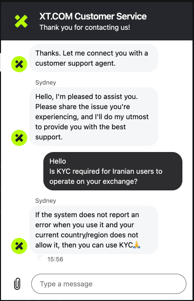 صحبت با پشتیبانی در خصوص خدمات بدون احراز هویت صرافی XT برای کاربران ایرانی، در صورت عدم شناسایی ای پی ایران مشکلی نیست